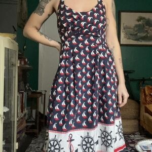 Anthropologie Postmark cotton nautical sailor print boating fit flare dress